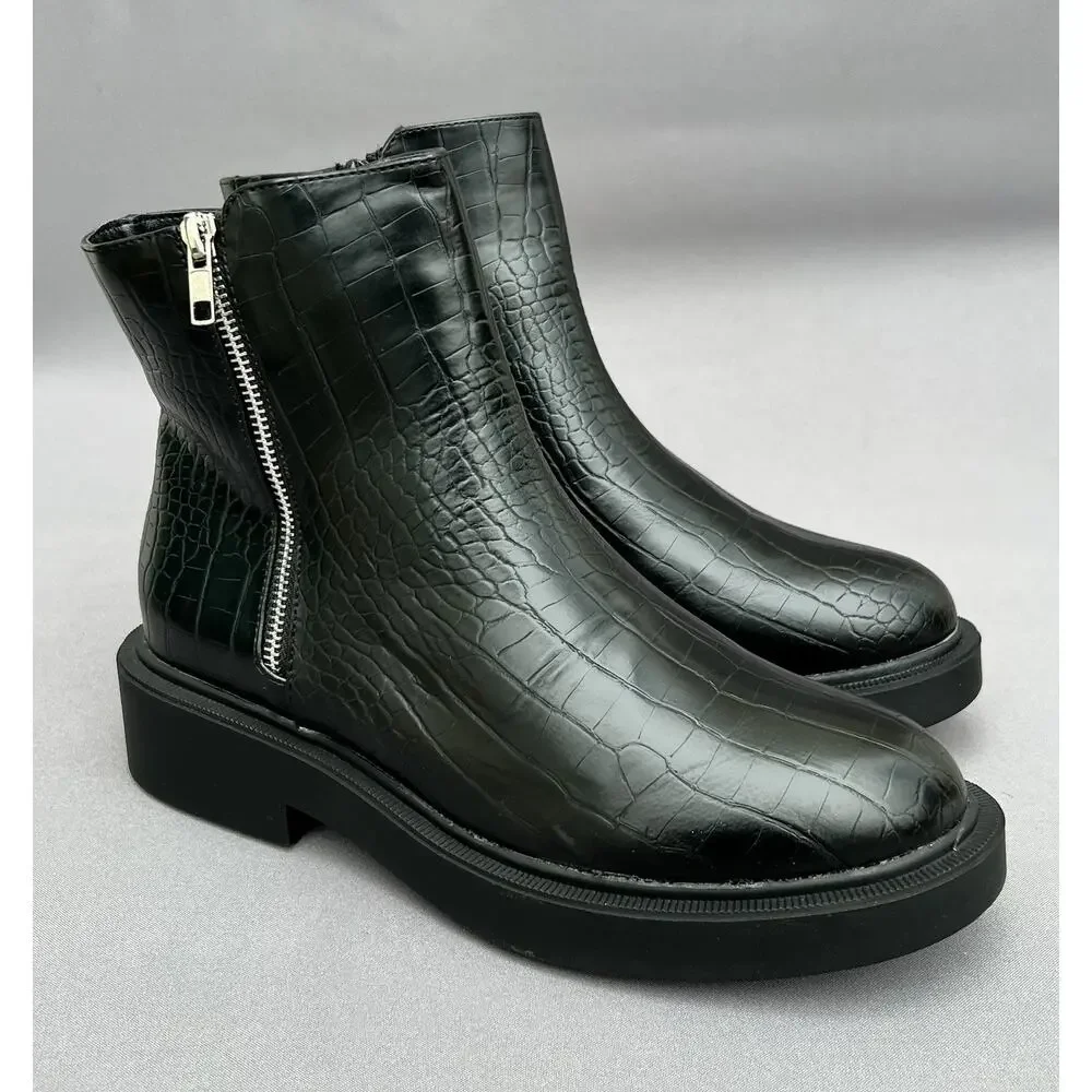 TOPSHOP Kai Zip Black Chelsea Croc Embossed Boots Men's Size 8 US / 41EU NEW